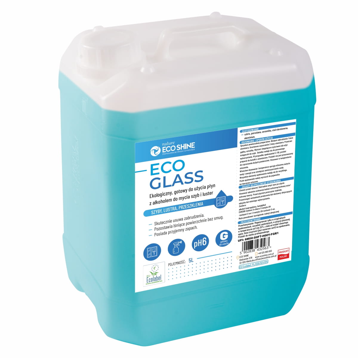ECO GLASS 5L - Ekologiczny, gotowy do użycia płyn z alkoholem do mycia szyb i luster