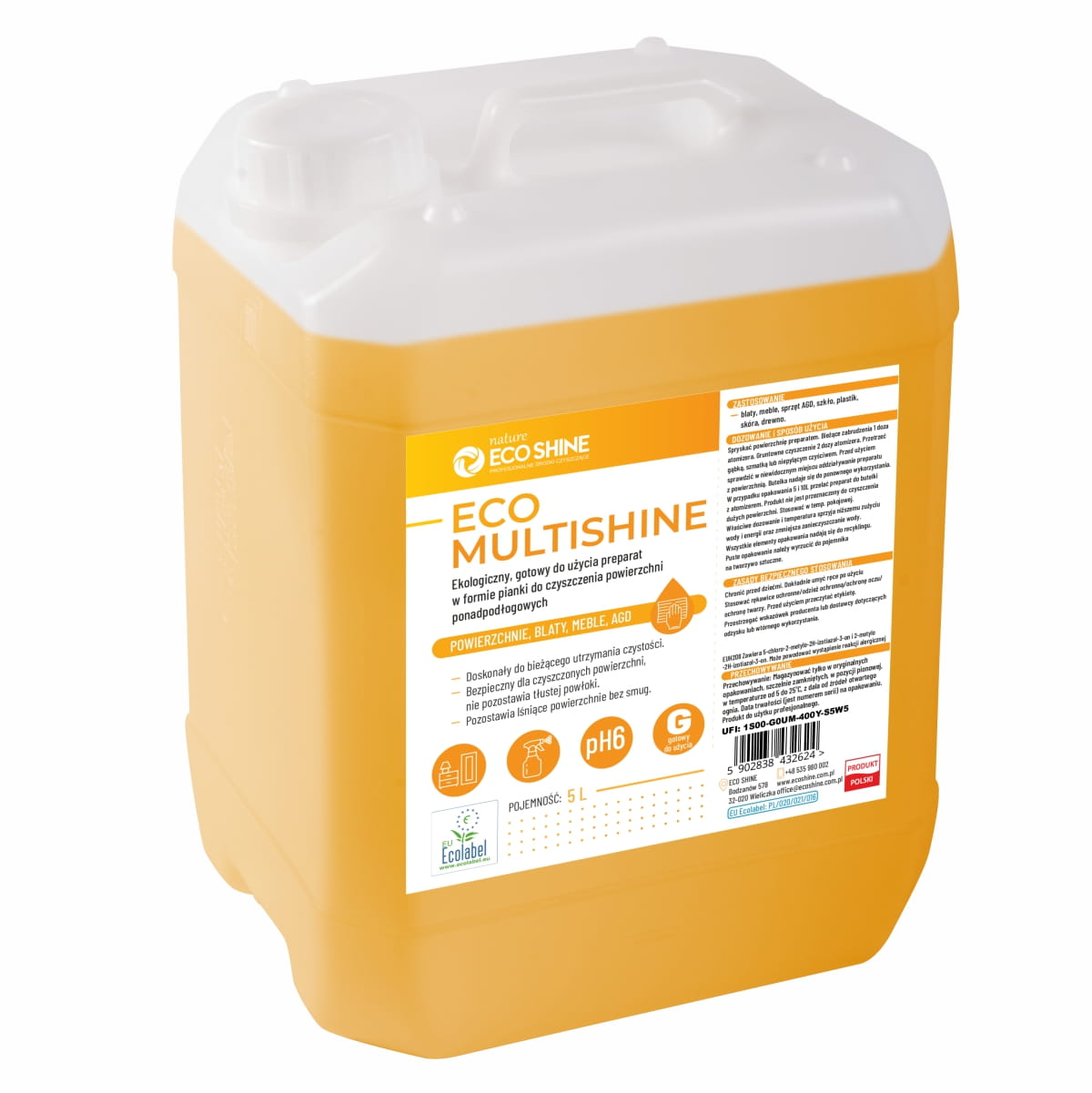 ECO MULTISHINE 5L - Ekologiczny gotowy do użycia preparat w formie pianki do czyszczenia powierzchni ponadpodłogowych