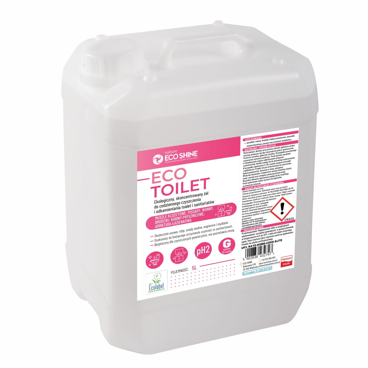 ECO TOILET 5L - Ekologiczny, skoncentrowany żel do codziennego czyszczenia i odkamieniania toalet oraz sanitariatów